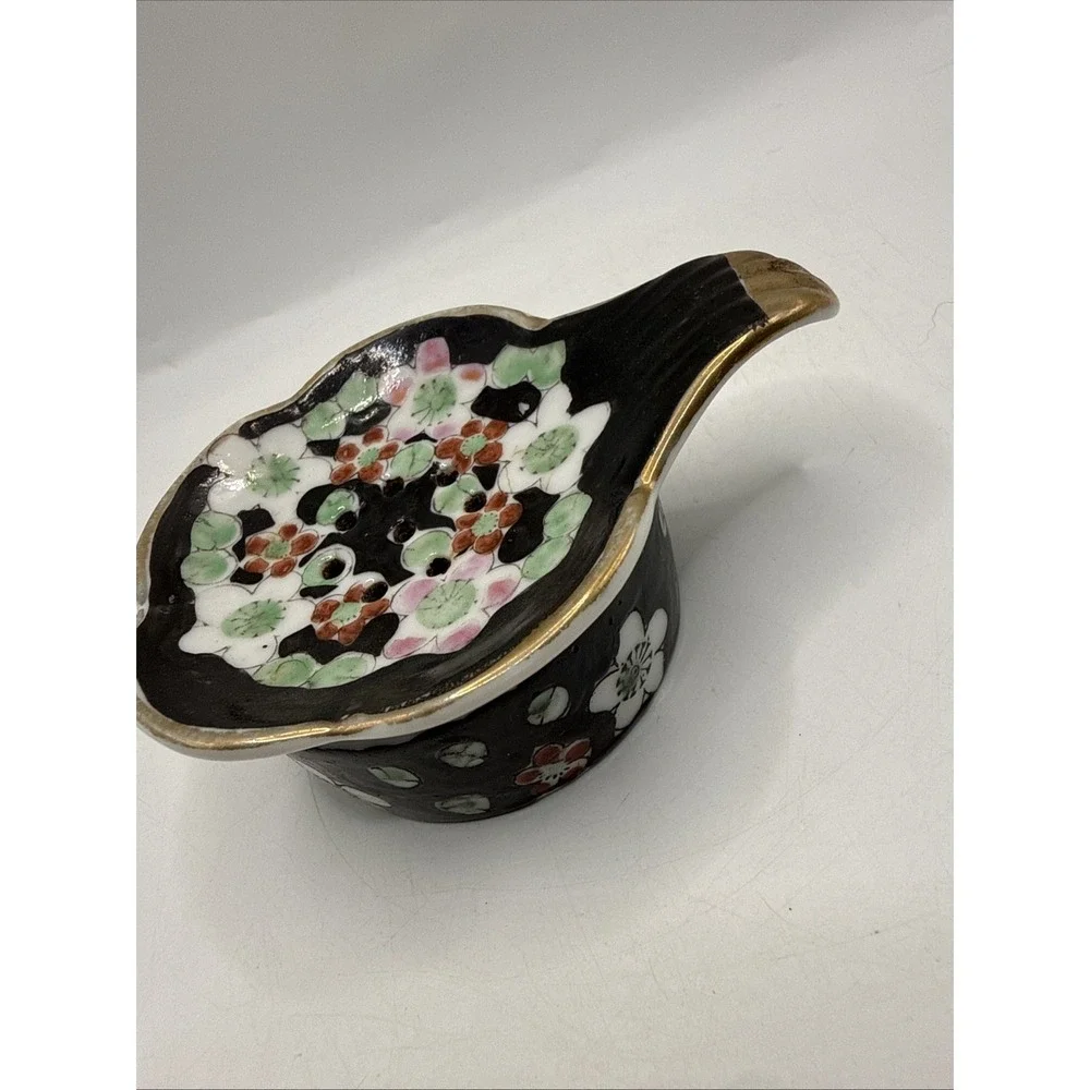 Black Floral Handpainted Decorative Japanese Vintage Ceramic Tea Bag Holder